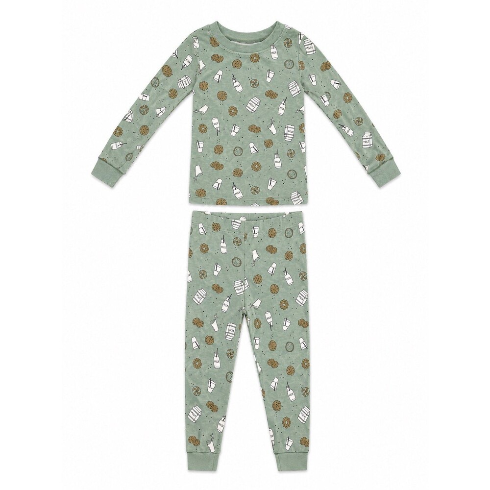 2T Milk & Cookies Cotton Pajama Set Green Long Sleeve 2 Piece Toddler